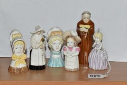 SIX ROYAL WORCESTER CANDLE SNUFFERS, comprising 'Hush', 'Feathered Hat', 'Young Girl', 'Mob Cap',