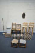 A SELECTION OF OCCASIONAL FURNITURE, to include a pair of beech high stools, three wine racks,