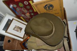 MILITARY AND SCOUTING INTEREST, ETC, a box containing a khaki felt slouch hat, size 7, a canvas ruck