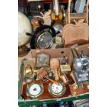 TWO BOXES OF TREEN AND MISCELLANEOUS SUNDRIES, to include a ship's wheel barometer, two crests, a