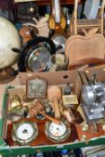 TWO BOXES OF TREEN AND MISCELLANEOUS SUNDRIES, to include a ship's wheel barometer, two crests, a