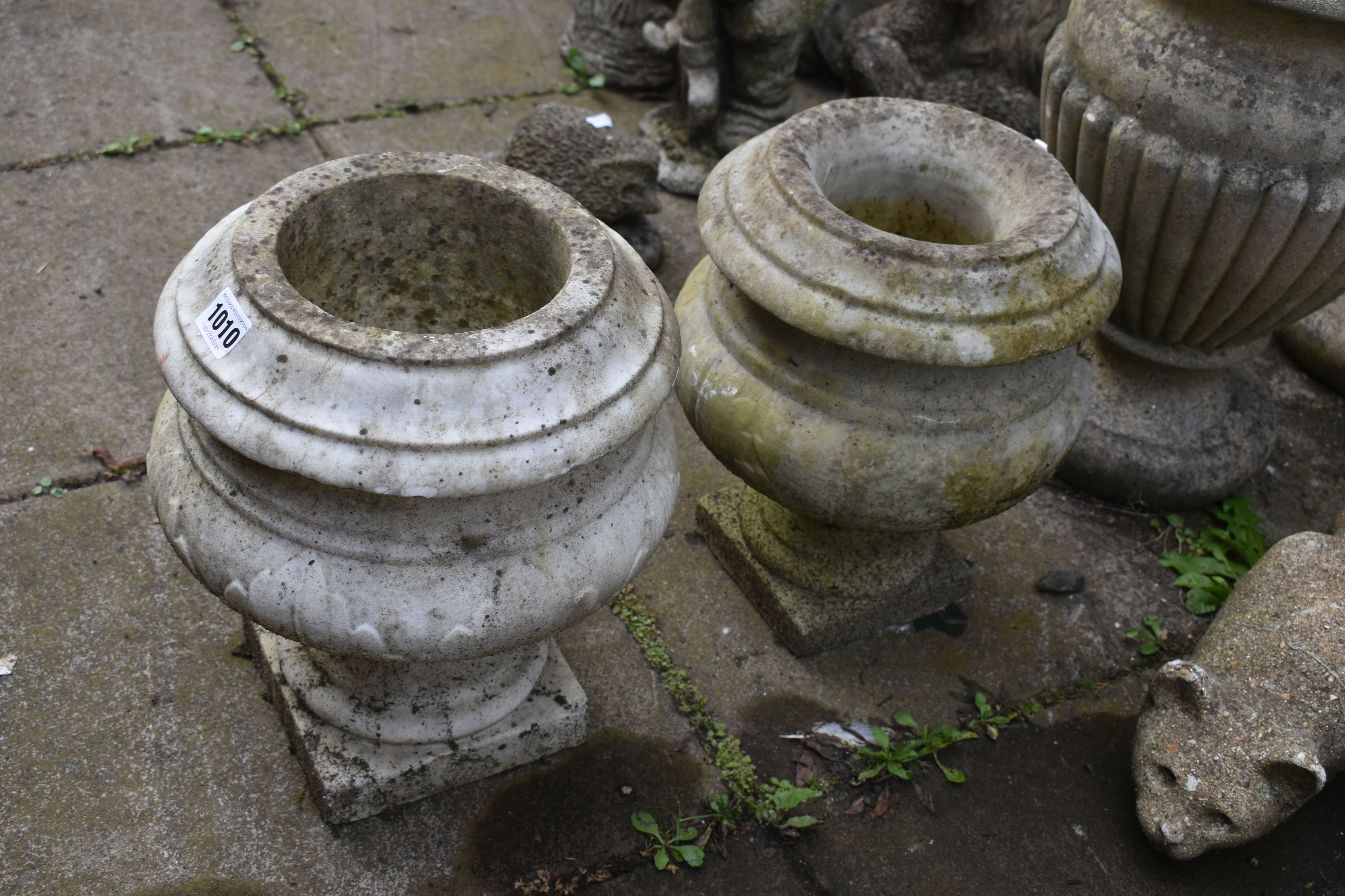 TWO PAIRS OF COMPOSITE GARDEN URNS, largest height 41cm, a composite figure of a scantily clad lady, - Image 2 of 5