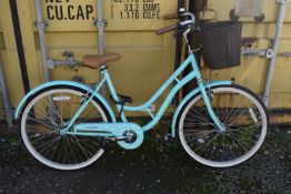 A TEAL BARRACUDA LACERTA HERITAGE SINGLE SPEED LADIES BYCICLE, with a wicker basket attached to