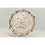 AN ELIZABETH II SILVER SALVER, FOLIATE CAST AND PIE CRUST BORDER, the centre engraved with