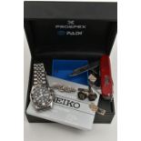 A GENTS 'SEIKO KINETIC' WRISTWATCH AND A SWISS POCKET KNIFE AND OTHER ITEMS, round black dial signed