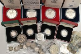 A BOX OF MIXED COINS, to include a small bag of George V Three Pence coins, a small bag of Six