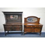 AN EARLY 20TH CENTURY OAK MIRROR BACK SIDEBOARD, with two drawers, width 135cm x depth 37cm x height