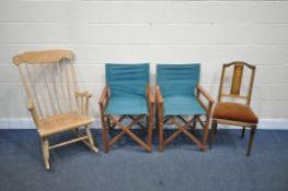 A BEECH SPINDLE ROCKING CHAIR, two folding directors’ chairs, and an Edwardian walnut splat back