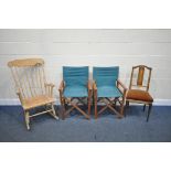 A BEECH SPINDLE ROCKING CHAIR, two folding directors’ chairs, and an Edwardian walnut splat back