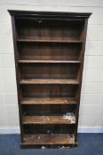 A STAINED PINE OPEN BOOKCASE, width 98cm x depth 32cm x height 201cm (condition report: -finish