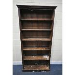 A STAINED PINE OPEN BOOKCASE, width 98cm x depth 32cm x height 201cm (condition report: -finish