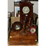 A BOX AND LOOSE BAKELITE HAIRDRYER, CLOCKS, WRITING SLOPE, PICTURES, AND SUNDRIES, to include a