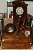 A BOX AND LOOSE BAKELITE HAIRDRYER, CLOCKS, WRITING SLOPE, PICTURES, AND SUNDRIES, to include a