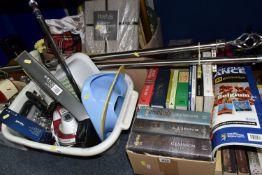 SIX BOXES OF MISCELLANEOUS SUNDRIES, to include books, D.V.D's , Morphy Richards iron, a Sony