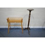 A LONG ELM SPINDLED PLANTER, width 81cm, and a tall mahogany plant stand (condition report: -both