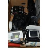 A BOX OF CAMERAS, BINOCULARS, THREE MOBILE PHONES, CLOCKS, ETC, the phones comprise two Doro and a