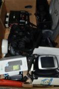 A BOX OF CAMERAS, BINOCULARS, THREE MOBILE PHONES, CLOCKS, ETC, the phones comprise two Doro and a