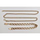 TWO 9CT GOLD CHAINS, the first a yellow gold double curb link chain necklace, fitted with a spring