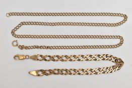 TWO 9CT GOLD CHAINS, the first a yellow gold double curb link chain necklace, fitted with a spring