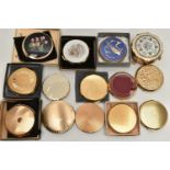 A BOX OF COMPACTS AND A BOX, to include eleven 'Stratton' compacts, some with boxes and or