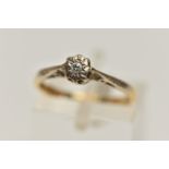 AN 18CT GOLD DIAMOND RING, a single round brilliant cut diamond, prong set in an illusion setting,