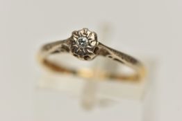 AN 18CT GOLD DIAMOND RING, a single round brilliant cut diamond, prong set in an illusion setting,
