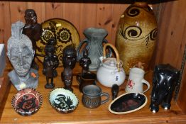 A GROUP OF STUDIO POTTERY AND AFRICAN FIGURES, to include a Guernsey Pottery flagon, two Celtic