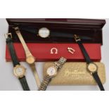 FIVE LADYS WRISTWATCHES, to include a 'Mortima quartz' fitted with a thin black strap signed Omega