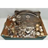 A BOX OF ASSORTED WHITE METAL WARE, to include two silver plate, three branch candle stick