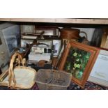TWO BOXES AND LOOSE HOUSEHOLD SUNDRIES, PRINTS, STORAGE ITEMS, SUITCASE, SEWING BOX, ETC,