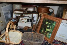 TWO BOXES AND LOOSE HOUSEHOLD SUNDRIES, PRINTS, STORAGE ITEMS, SUITCASE, SEWING BOX, ETC,