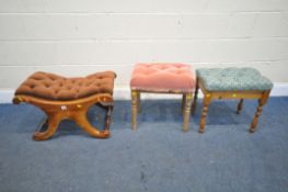 A MAHOGANY CROSS FRAMED STOOL, along with two pine dressing stools (condition report: -good) (3)