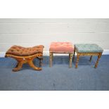 A MAHOGANY CROSS FRAMED STOOL, along with two pine dressing stools (condition report: -good) (3)