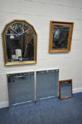 A SELECTION OF VARIOUS WALL MIRRORS, to include a gilt framed bevelled edge wall mirror, with a