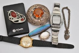 A BAG OF ASSORTED ITEMS, to include a gents gold plated 'Accurist waterproof 21 jewels,