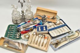 A BOX OF RUSSIAN AND SOVIET SILVER SPOONS, DUTCH WHITE METAL OIL BOTTLE STAND AND ASSORTED PLATED