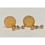 A PAIR OF MOUNTED RUSSIAN 5 RUBLE COIN CUFFLINKS, one coin dated 1887 the other 1899, mounted to