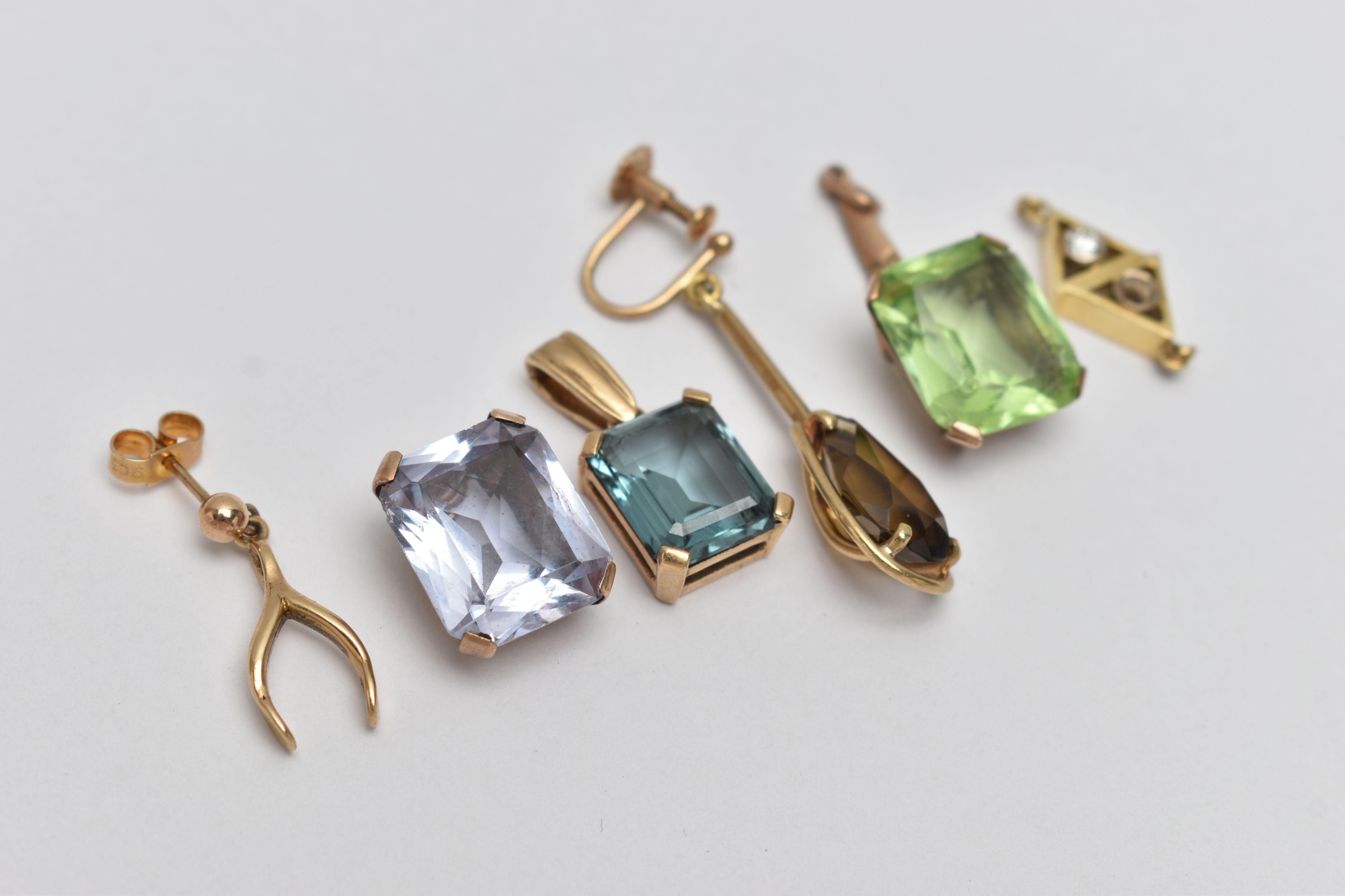 THREE GEM SET PENDANTS, TWO EARRINGS AND A LINK, to include a rectangular topaz pendant, four claw - Image 3 of 3