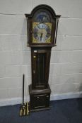 AN OAK LONGCASE CLOCK, the hood enclosing a brass/silvered 8 inch dial, and moonphase movement to