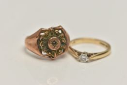 A 9CT GOLD SINGLE STONE DIAMOND RING AND A MODIFIED SIGNET RING, six claw set, round brilliant cut
