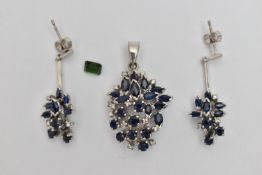 A PAIR OF WHITE METAL CLUSTER DROP EARRINGS AND MATCHING PENDANT WITH A LOOSE CUT STONE, each