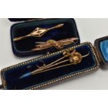 TWO BROOCHES AND STICK PINS, to include a 9ct gold bar brooch, set with a small single cut