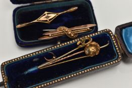 TWO BROOCHES AND STICK PINS, to include a 9ct gold bar brooch, set with a small single cut