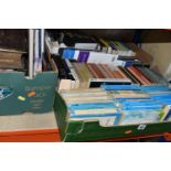 THREE BOXES OF VINTAGE PELICAN AND PENGUIN BOOKS, to include a Victorian family Bible with an