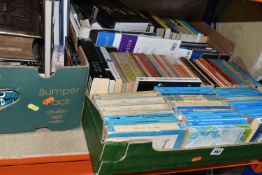 THREE BOXES OF VINTAGE PELICAN AND PENGUIN BOOKS, to include a Victorian family Bible with an
