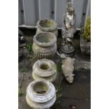 TWO PAIRS OF COMPOSITE GARDEN URNS, largest height 41cm, a composite figure of a scantily clad lady,