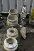 TWO PAIRS OF COMPOSITE GARDEN URNS, largest height 41cm, a composite figure of a scantily clad lady,