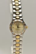 A LADYS 'LONGINES' WRISTWATCH, round gold dial signed 'Longines Conquest', Arabic twelve, three, six