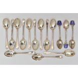 A SET OF TWELVE GEORGE V SILVER TEASPOONS AND THREE GEORGE V SILVER AND ENAMEL 'KINGSTON-ON-