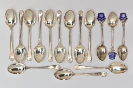 A SET OF TWELVE GEORGE V SILVER TEASPOONS AND THREE GEORGE V SILVER AND ENAMEL 'KINGSTON-ON-